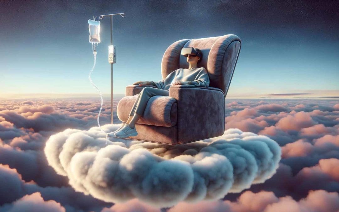 A person in an easy chair ,floating in a cloud